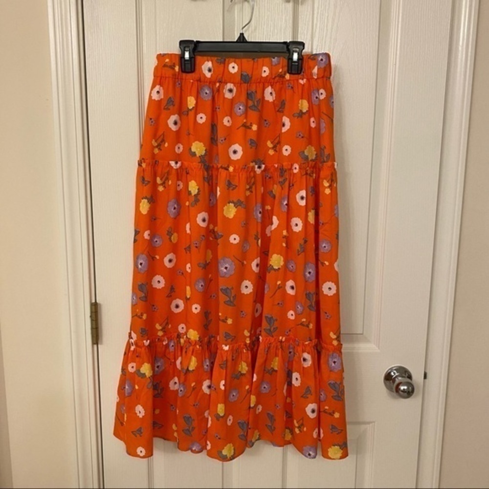 Ann Taylor Floral Gathered flounce Tiered Midi Skirt in Orange Spark Size S - Picture 3 of 10